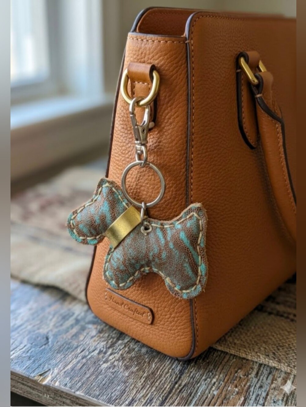 Handmade Genuine Leather Scottie Dog Charm/Key Ring Mint Green/Tan